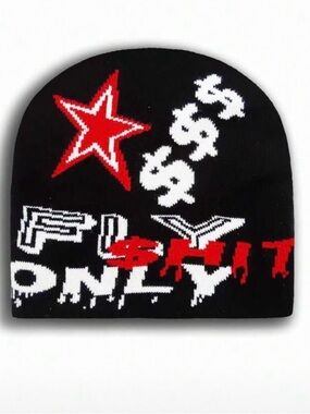 Black Knit Beanie with Red Star and White Graphic Accents New Without tag